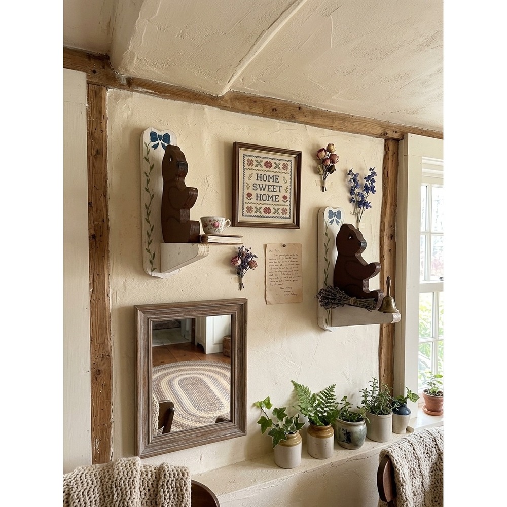 Vintage Hand Painted Wooden Bear Wall Shelves Set of 2 Brown White Wood